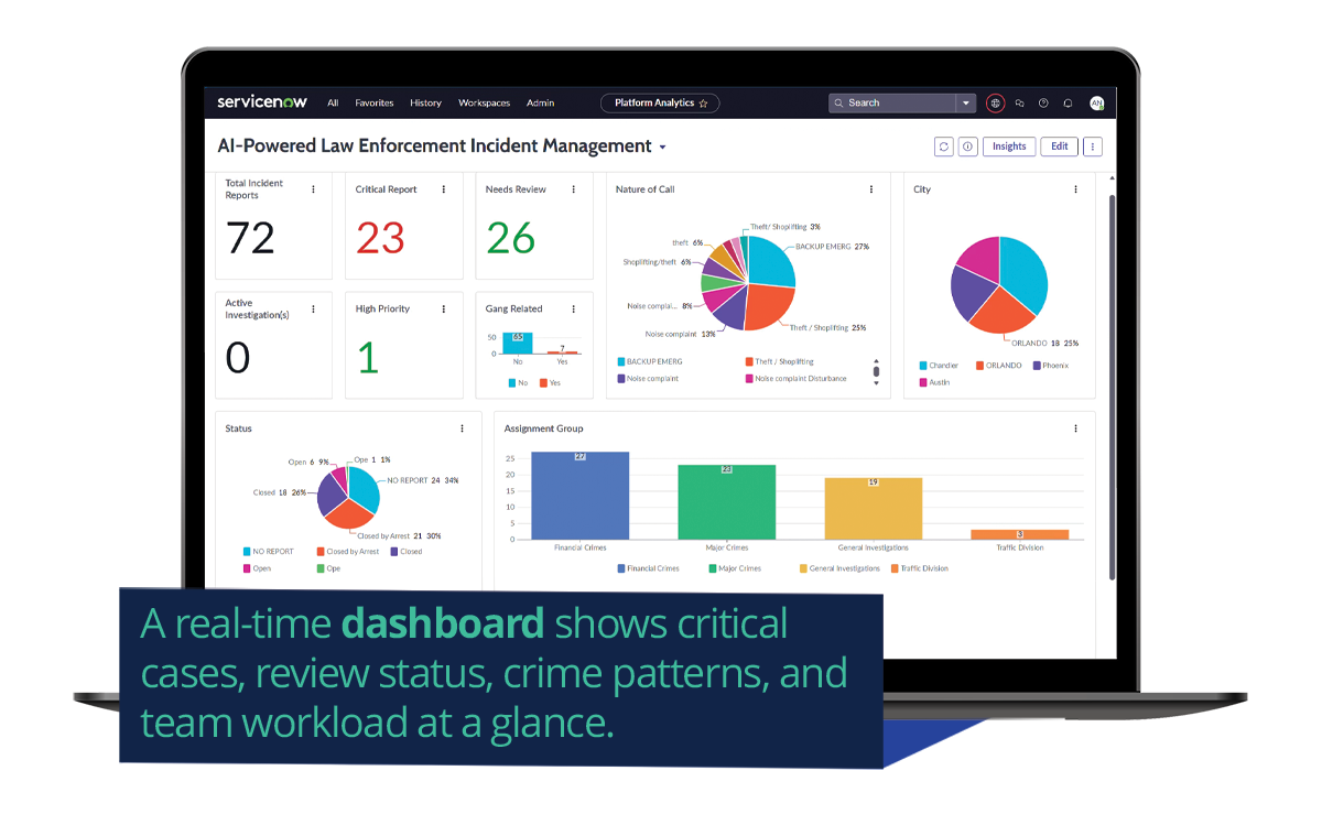 A real-time dashboard shows critical cases, review status, crime patterns, and team workload at a glance.